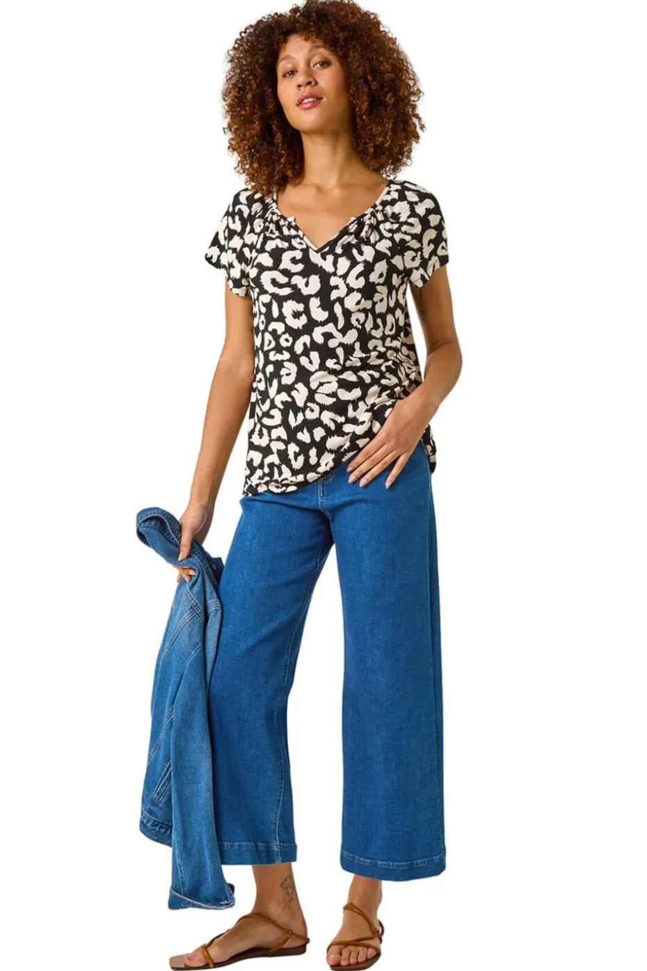 Roman Black Animal Print V Neck Stretch Top