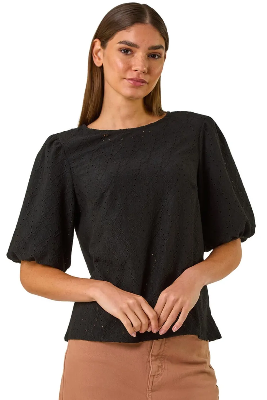 Roman Black Broderie Puff Sleeve Top