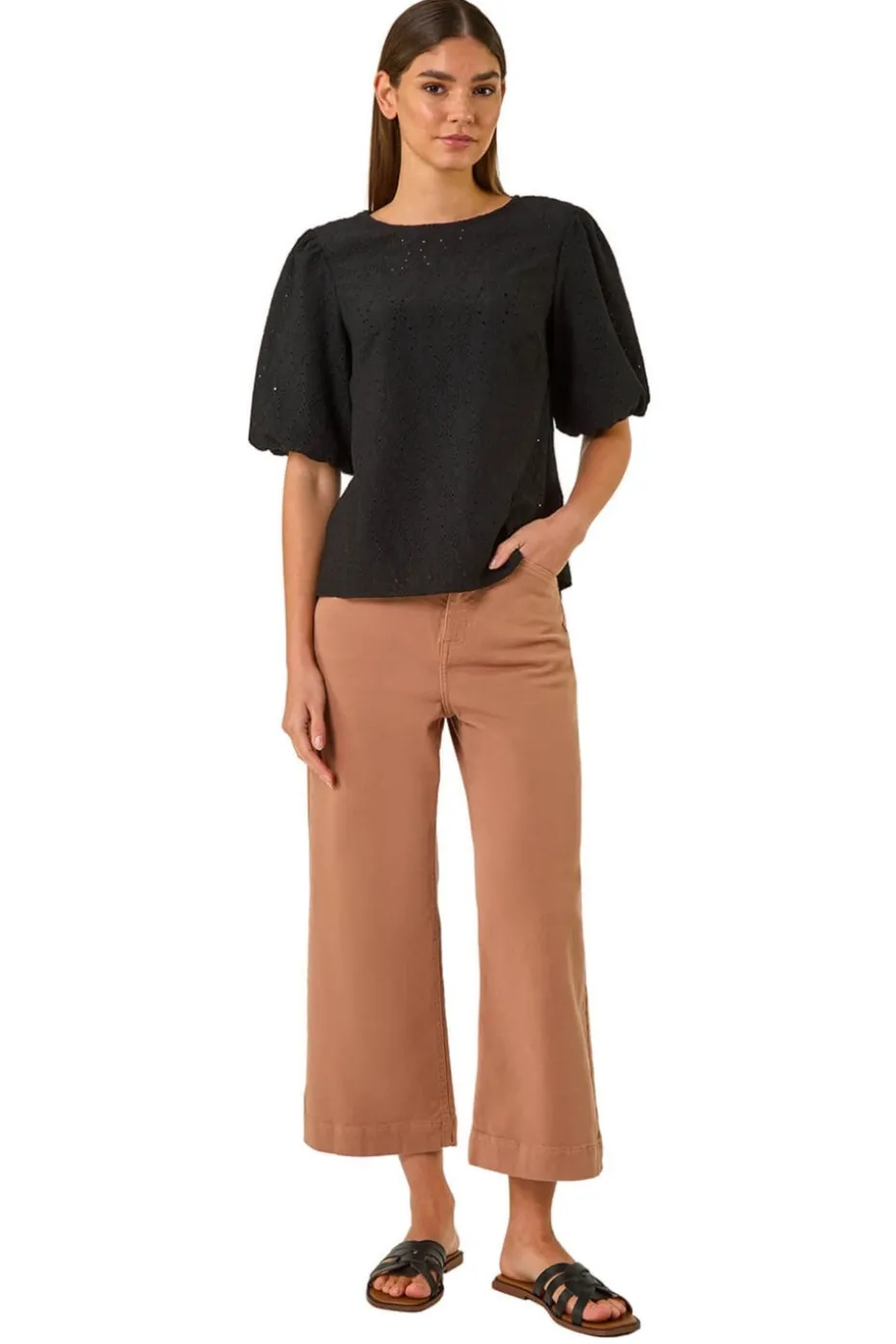 Roman Black Broderie Puff Sleeve Top