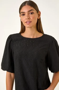Roman Black Broderie Puff Sleeve Top