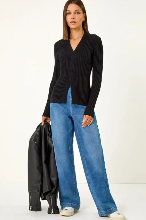 Roman Black Cable Split Detail Rib Jumper