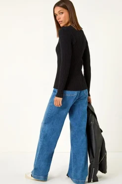 Roman Black Cable Split Detail Rib Jumper