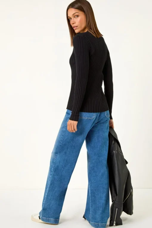 Roman Black Cable Split Detail Rib Jumper