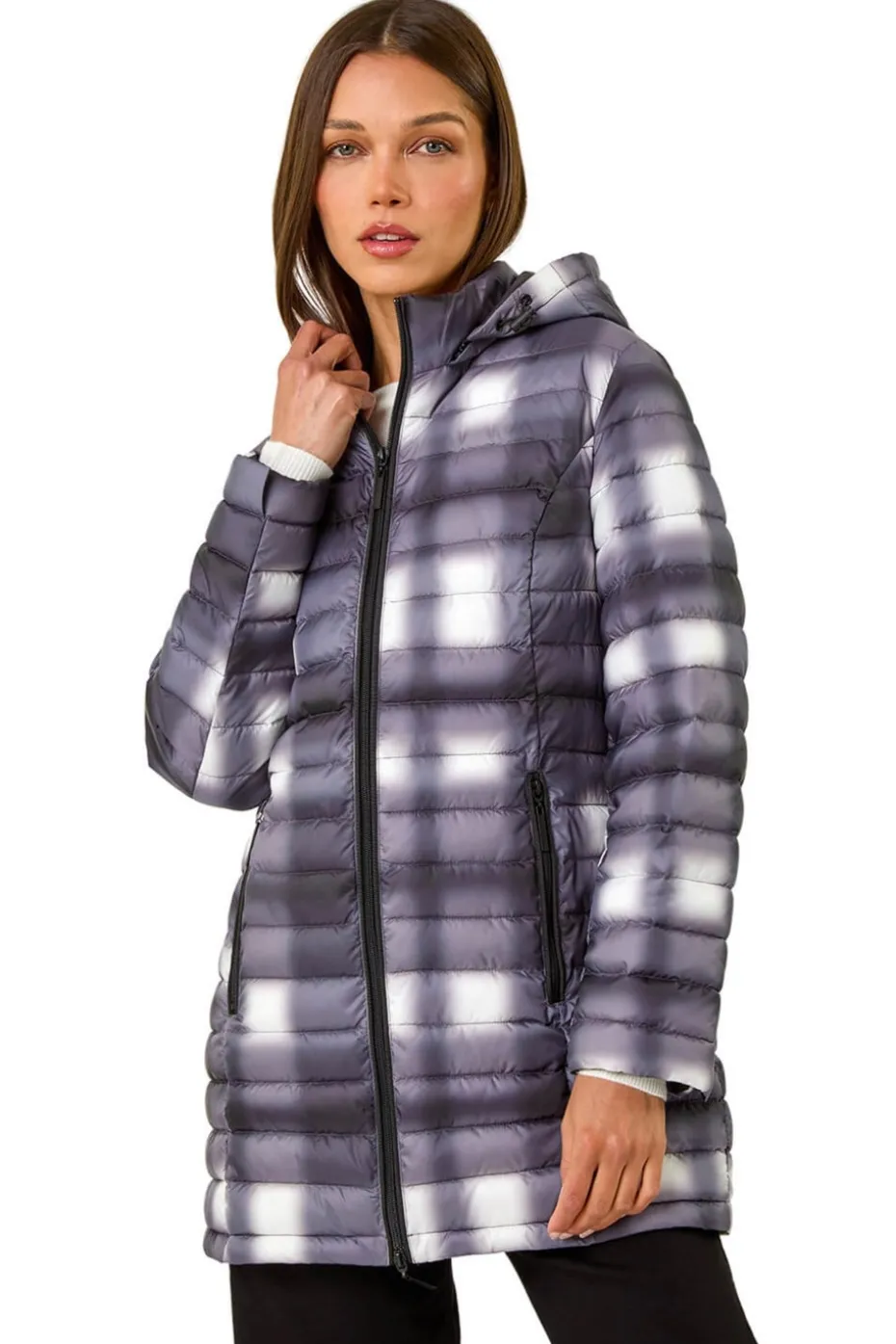 Roman Black Check Print Quilted Puffer Coat
