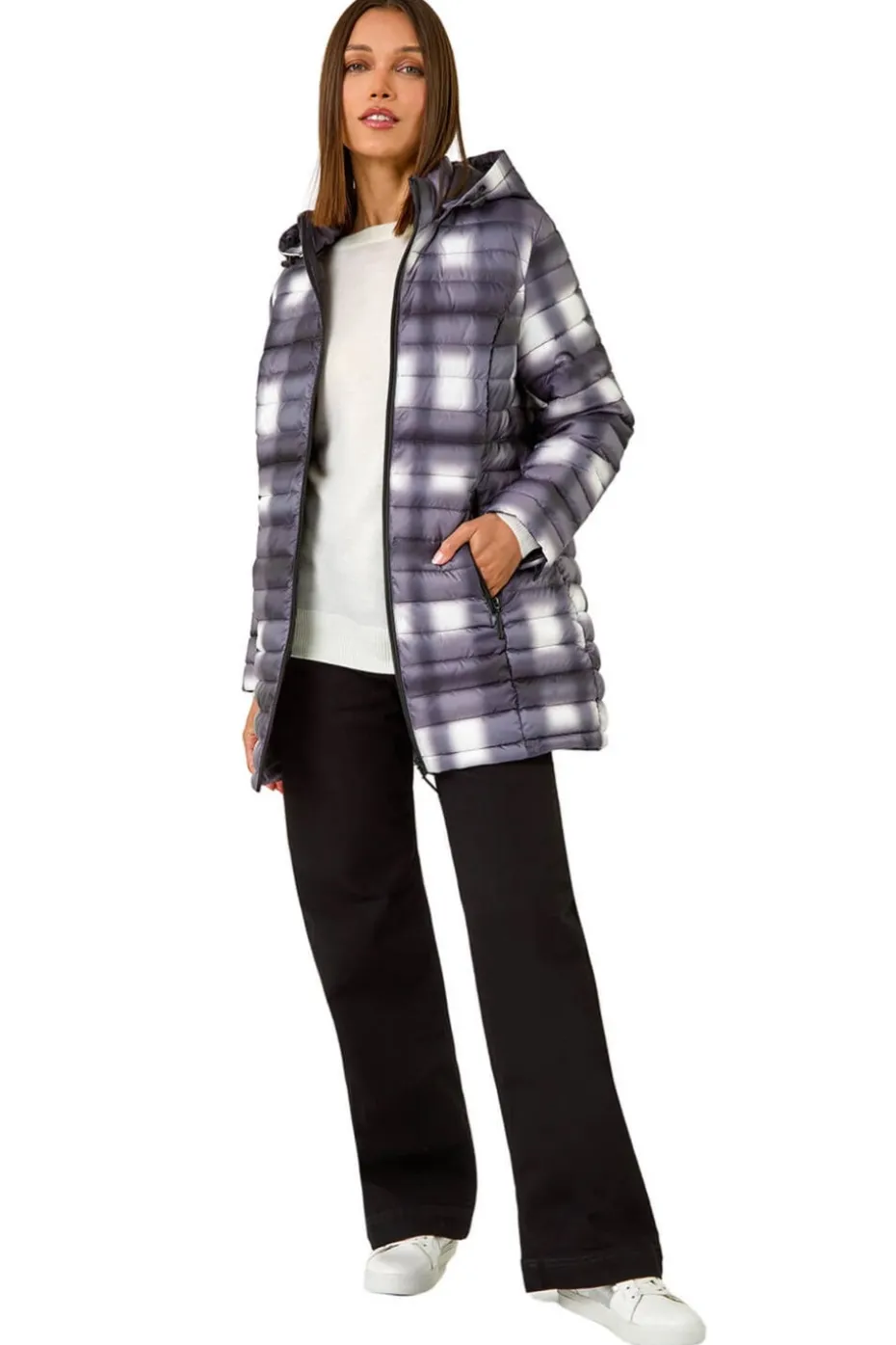 Roman Black Check Print Quilted Puffer Coat