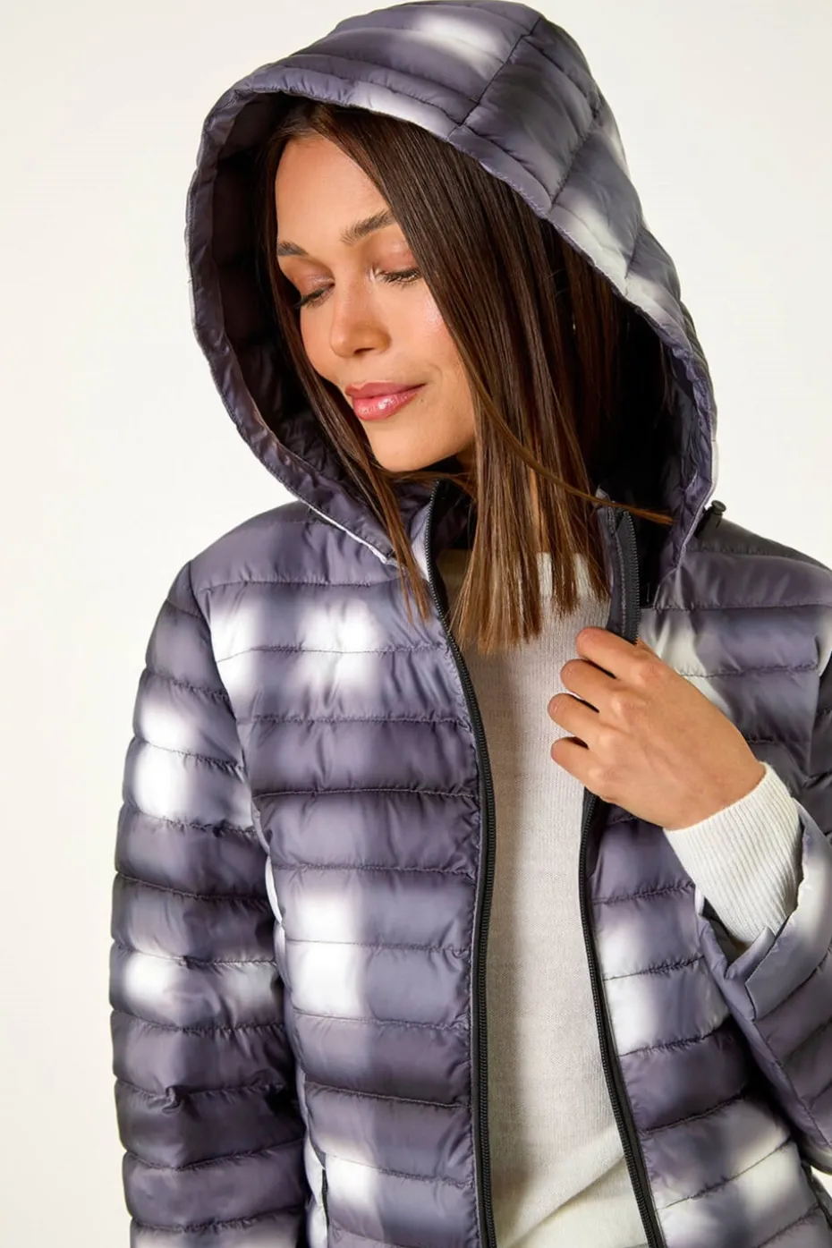Roman Black Check Print Quilted Puffer Coat