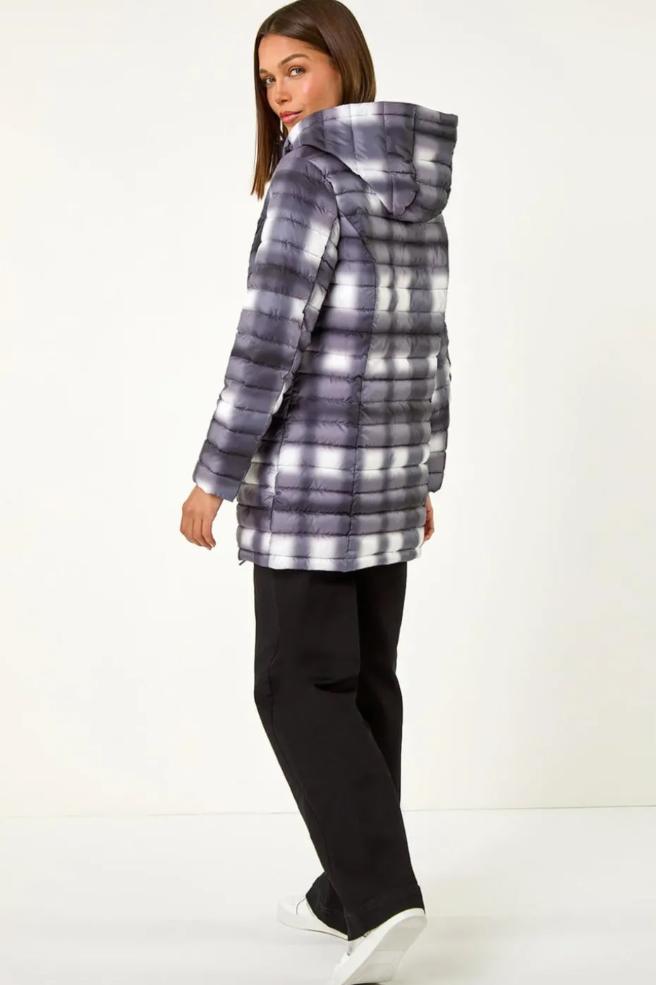 Roman Black Check Print Quilted Puffer Coat