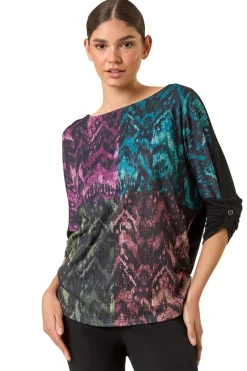 Roman Black Colour Block Print Stretch Sleeve Top