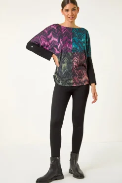Roman Black Colour Block Print Stretch Sleeve Top