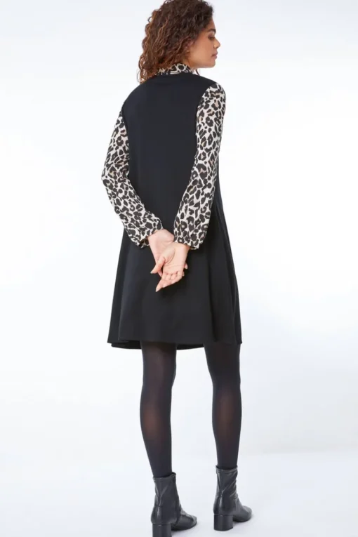 Roman Black Contrast Leopard Print Swing Dress