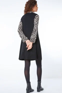 Roman Black Contrast Leopard Print Swing Dress