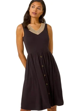 Roman Black Contrast V Neck Stretch Midi Dress