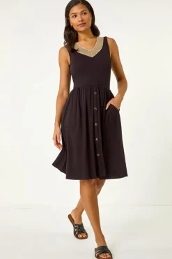 Roman Black Contrast V Neck Stretch Midi Dress