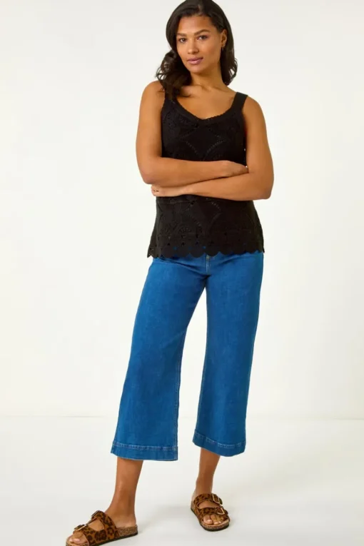 Roman Black Cotton Crochet Knit Vest Top