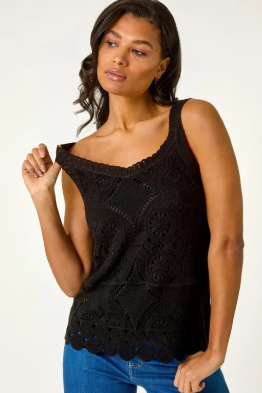 Roman Black Cotton Crochet Knit Vest Top