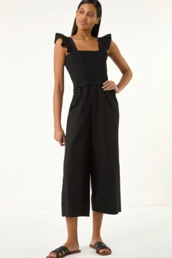 Roman Black Cotton Linen Blend Frill Jumpsuit