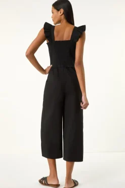Roman Black Cotton Linen Blend Frill Jumpsuit