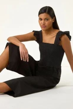 Roman Black Cotton Linen Blend Frill Jumpsuit
