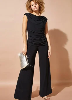 Roman Black Cowl Neck Ruched Stretch Jumpsuit