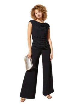 Roman Black Cowl Neck Ruched Stretch Jumpsuit