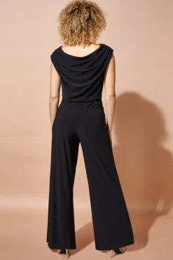 Roman Black Cowl Neck Ruched Stretch Jumpsuit