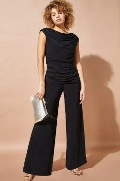 Roman Black Cowl Neck Ruched Stretch Jumpsuit
