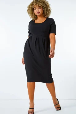 Roman Black Curve Cocoon Pocket Detail Midi Dress