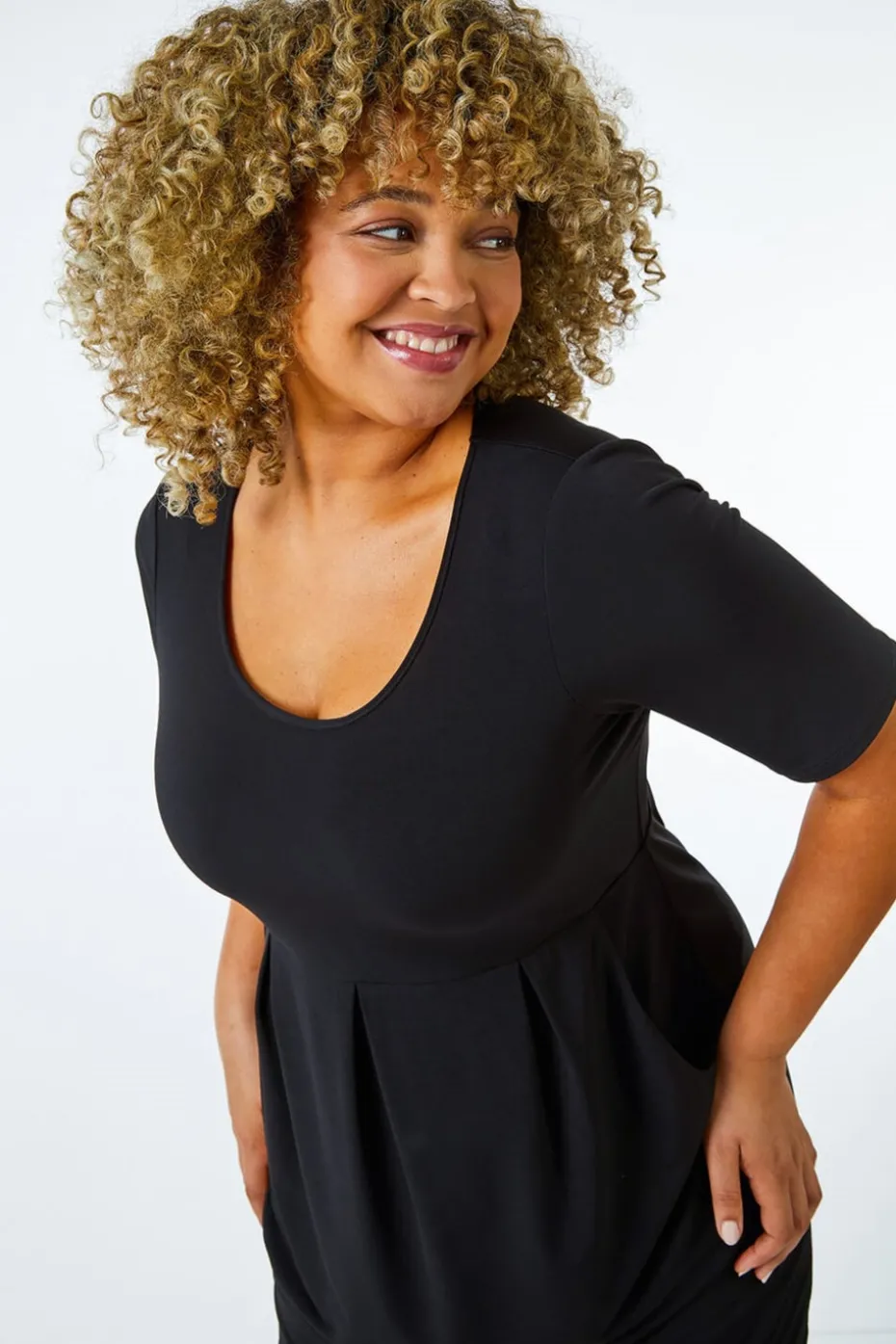 Roman Black Curve Cocoon Pocket Detail Midi Dress