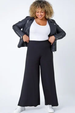 Roman Black Curve Elastic Waist Wide Leg Trousers