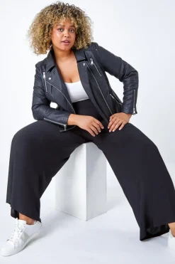 Roman Black Curve Elastic Waist Wide Leg Trousers