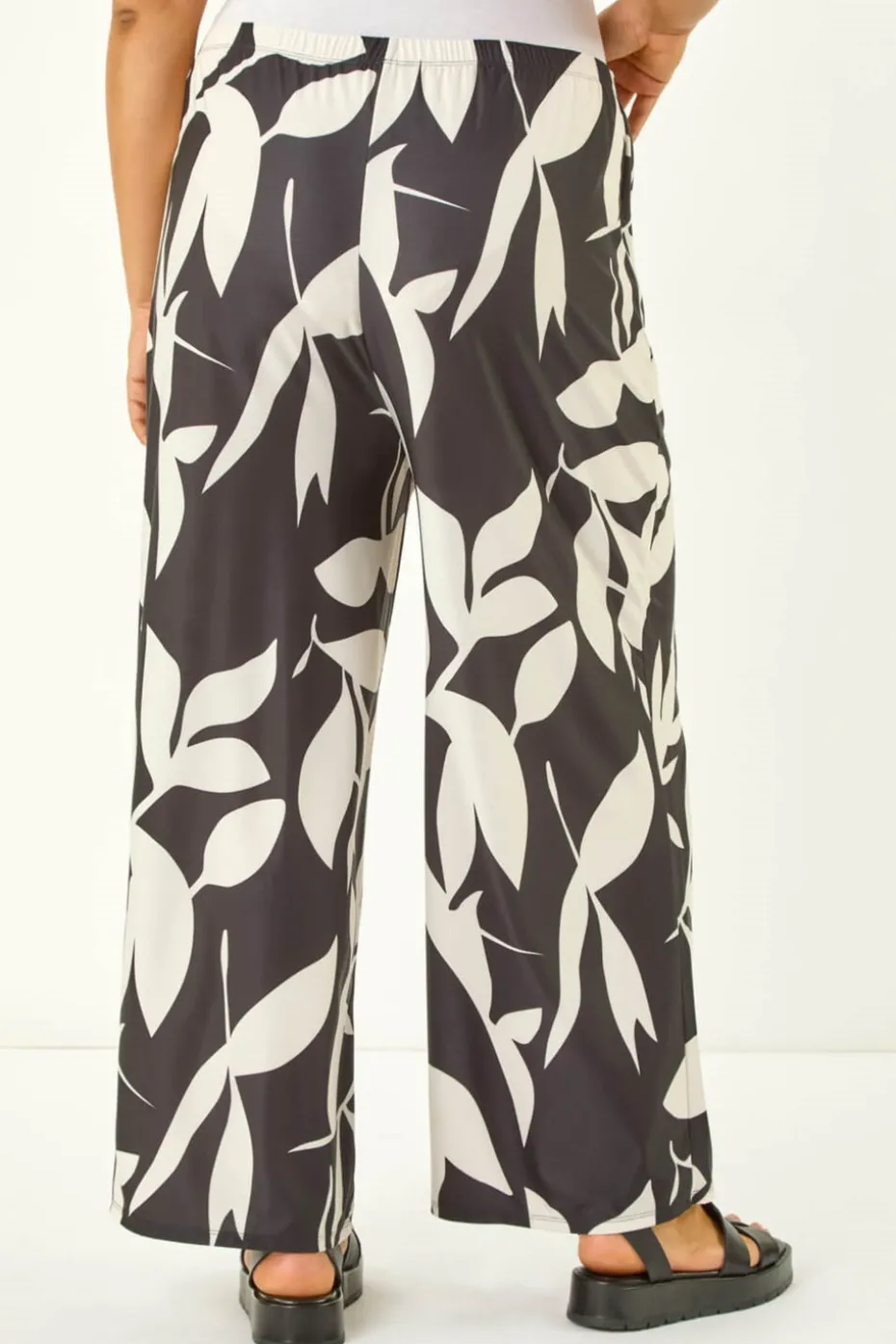 Roman Black Curve Leaf Print Stretch Trousers