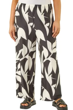 Roman Black Curve Leaf Print Stretch Trousers
