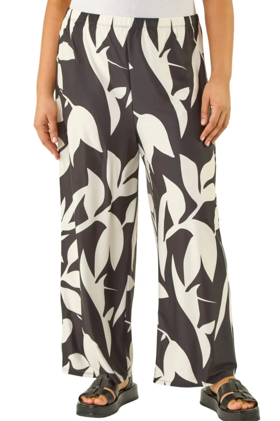 Roman Black Curve Leaf Print Stretch Trousers
