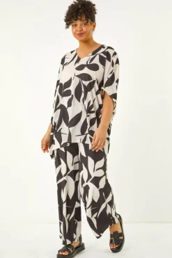 Roman Black Curve Leaf Print Stretch Trousers