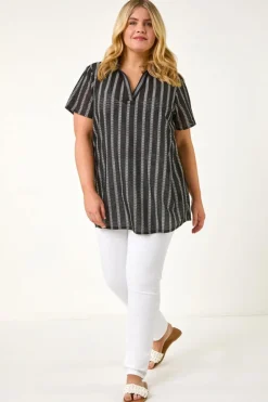 Roman Black Curve Stripe Collared Knit Top