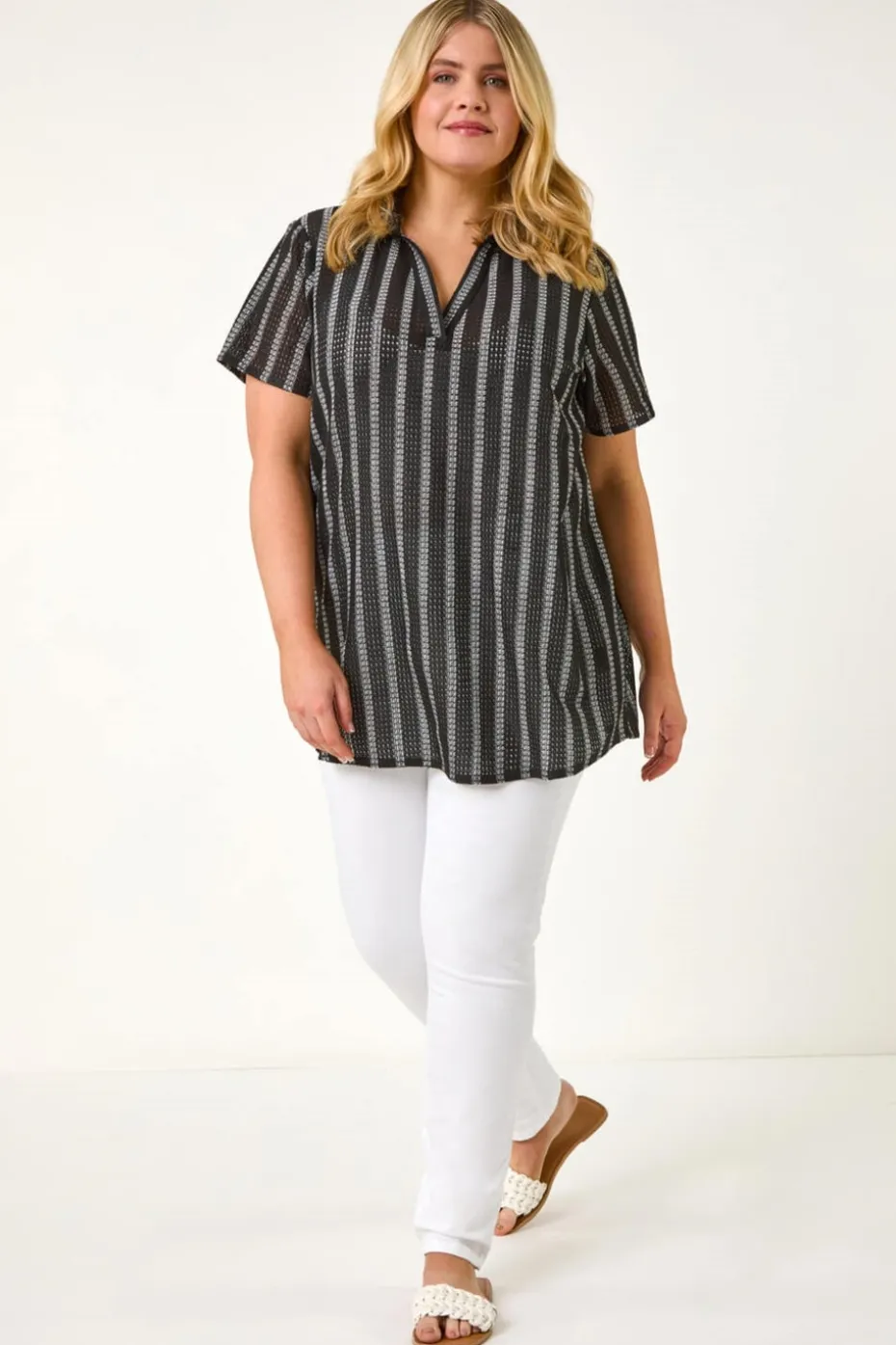 Roman Black Curve Stripe Collared Knit Top