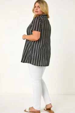 Roman Black Curve Stripe Collared Knit Top
