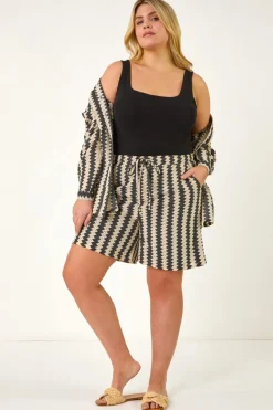 Roman Black Curve Zig Zag Tie Waist Shorts