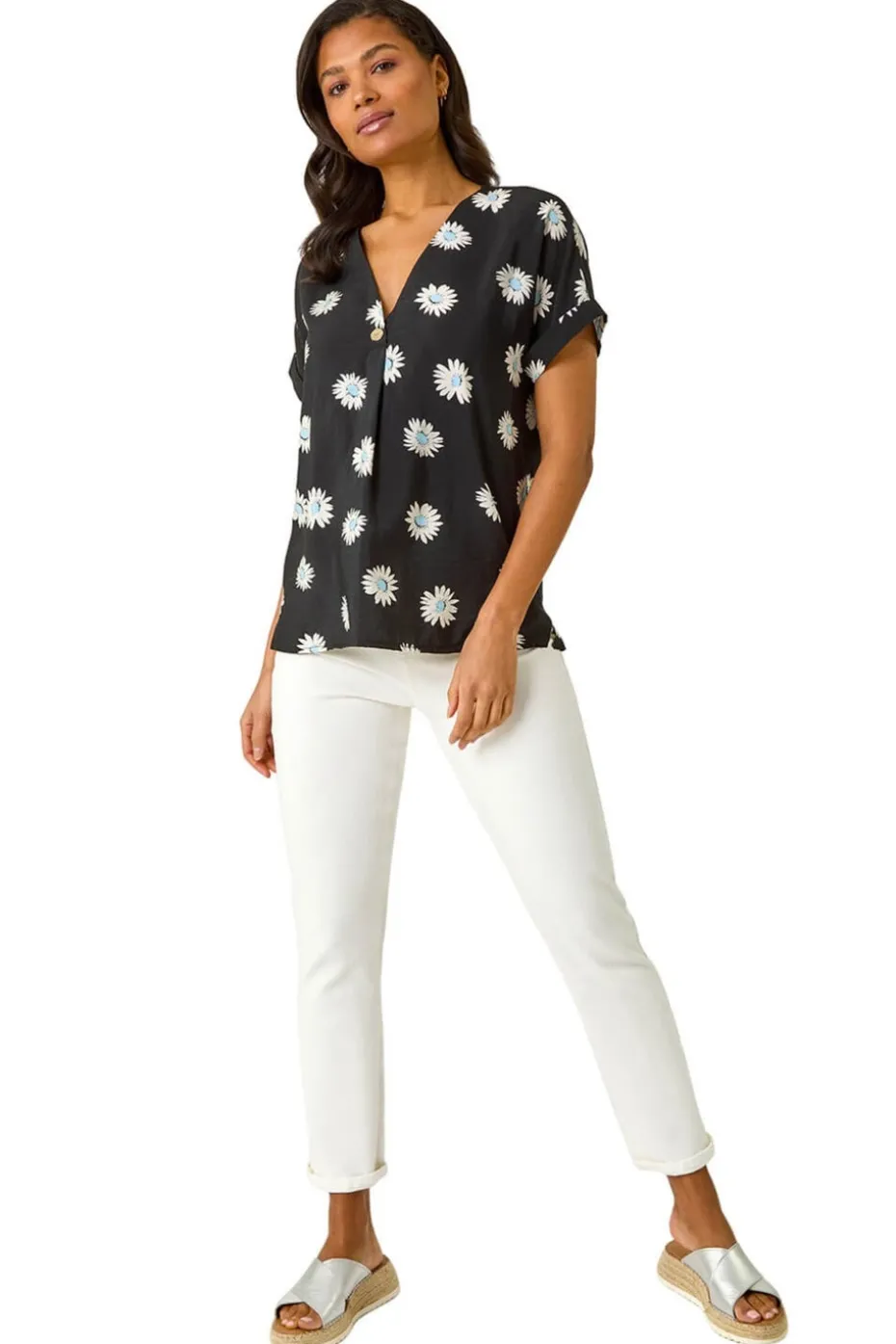 Roman Black Daisy Print Pleat Front Top