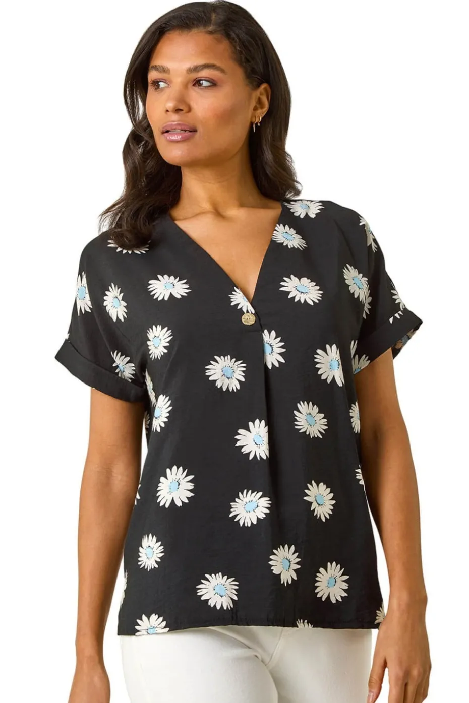 Roman Black Daisy Print Pleat Front Top