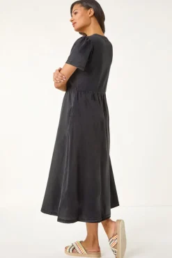 Roman Black Denim Button Through Midi Dress