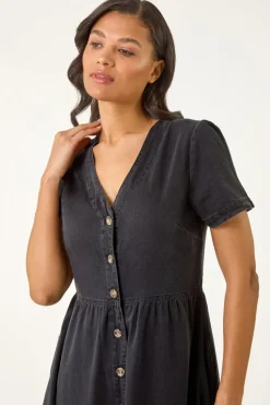 Roman Black Denim Button Through Midi Dress