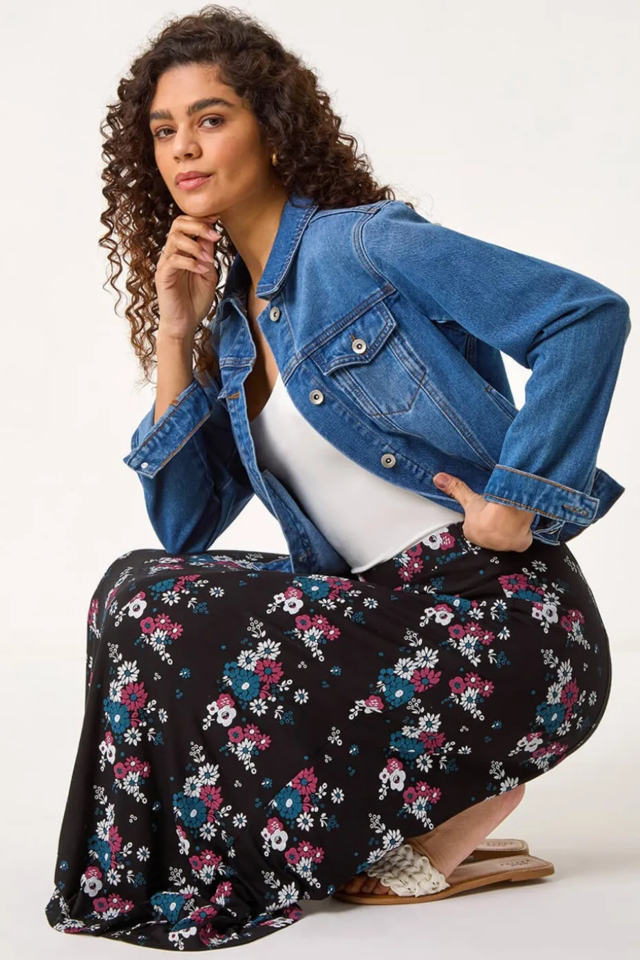 Roman Black Diagonal Ditsy Floral Print Skirt