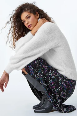 Roman Black Ditsy Floral Stretch Elastic Waist Midi Skirt
