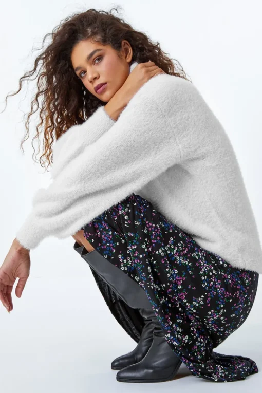Roman Black Ditsy Floral Stretch Elastic Waist Midi Skirt