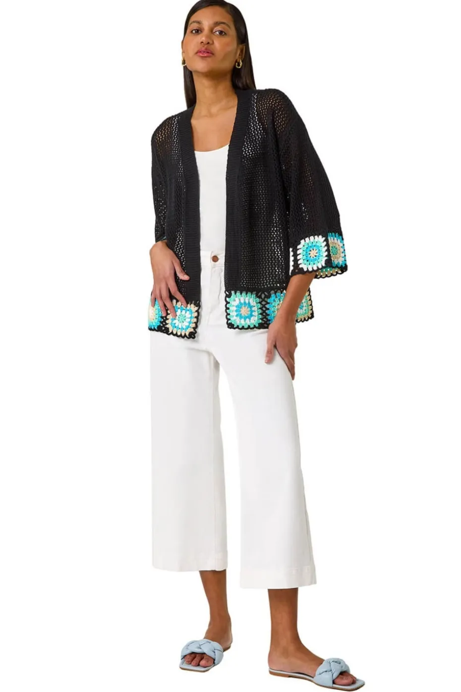 Roman Black Edge Crochet Hem Knit Cardigan