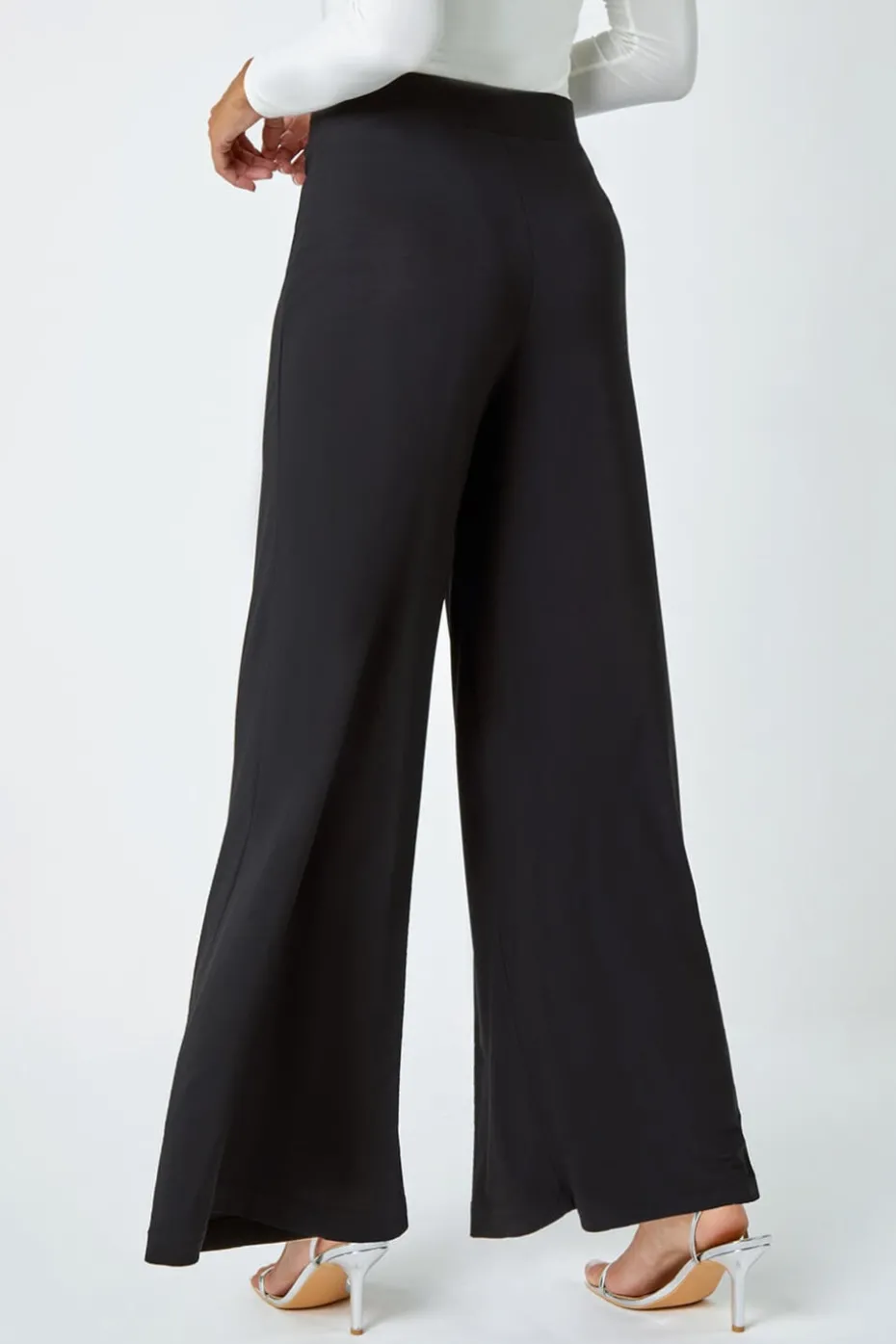Roman Black Elastic Waist Wide Leg Stretch Trousers