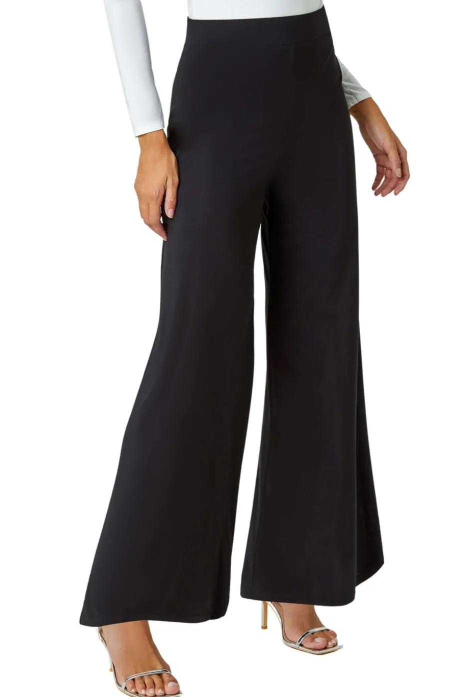 Roman Black Elastic Waist Wide Leg Stretch Trousers