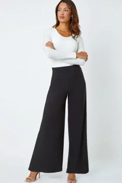 Roman Black Elastic Waist Wide Leg Stretch Trousers