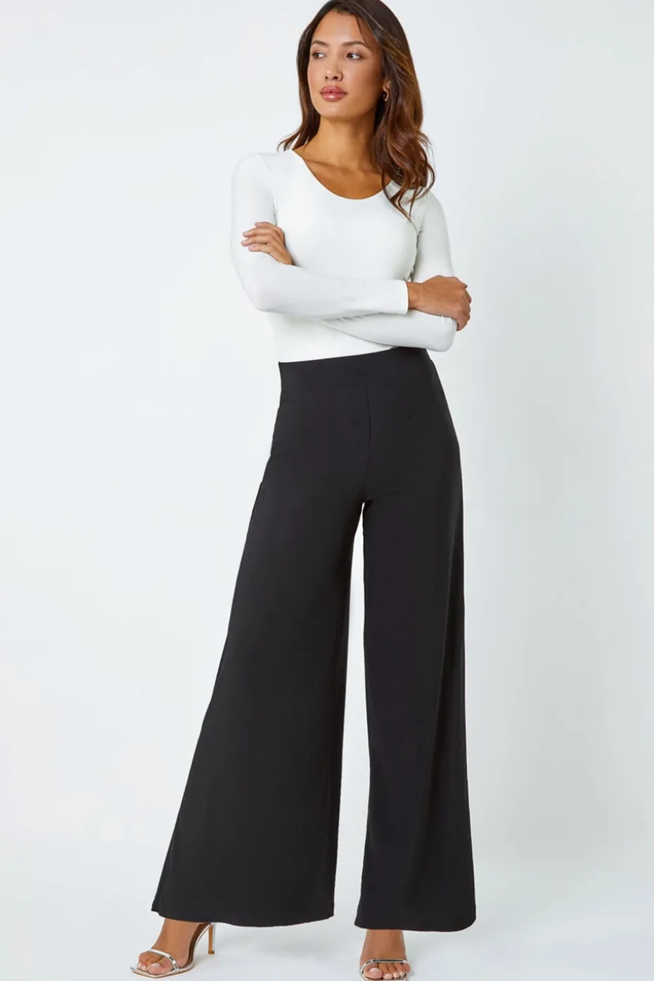 Roman Black Elastic Waist Wide Leg Stretch Trousers